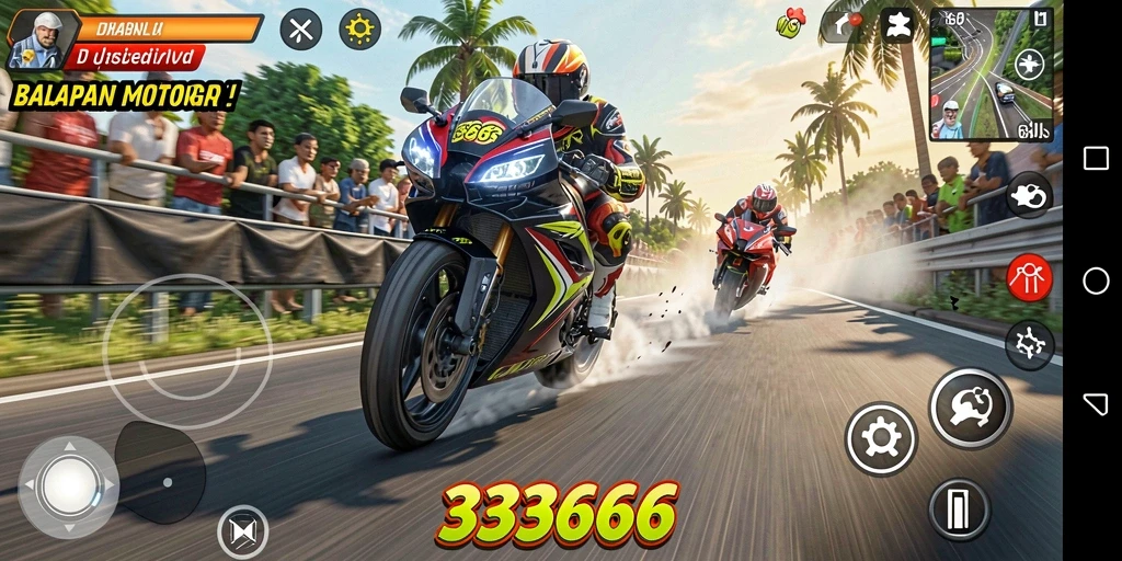 Screenshot menampilkan aksi balapan motor yang mendebarkan di 333666.