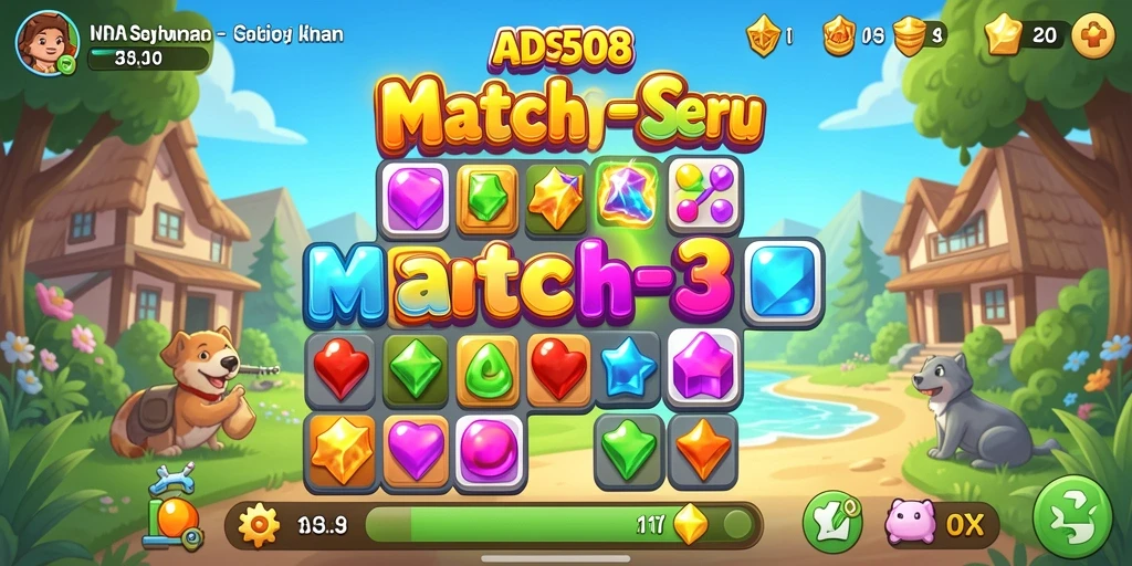 Screenshot gameplay seru ADS508 dengan tantangan Match-3.