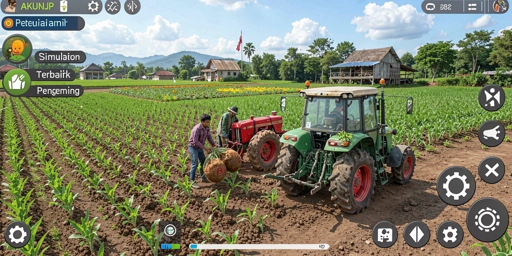 Screenshot gameplay AKUNJP menampilkan lahan pertanian yang luas dan beragam tanaman.