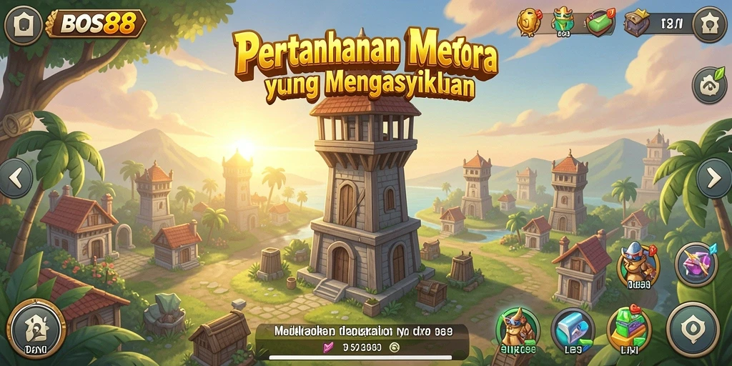 Screenshot gameplay dinamis dari game Tower Defense BOS88.