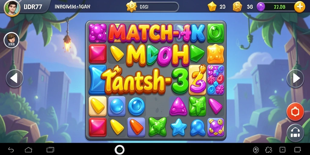Menampilkan gameplay seru IDR77 dengan tantangan Match-3 yang menarik.