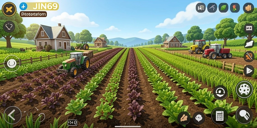 Tampilan gameplay JIN69 yang menampilkan kebun yang subur dan hewan ternak.