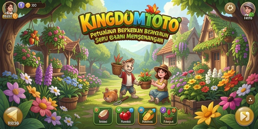 Tangkapan layar gameplay KINGDOMTOTO dengan lahan yang subur dan tanaman yang berkembang.