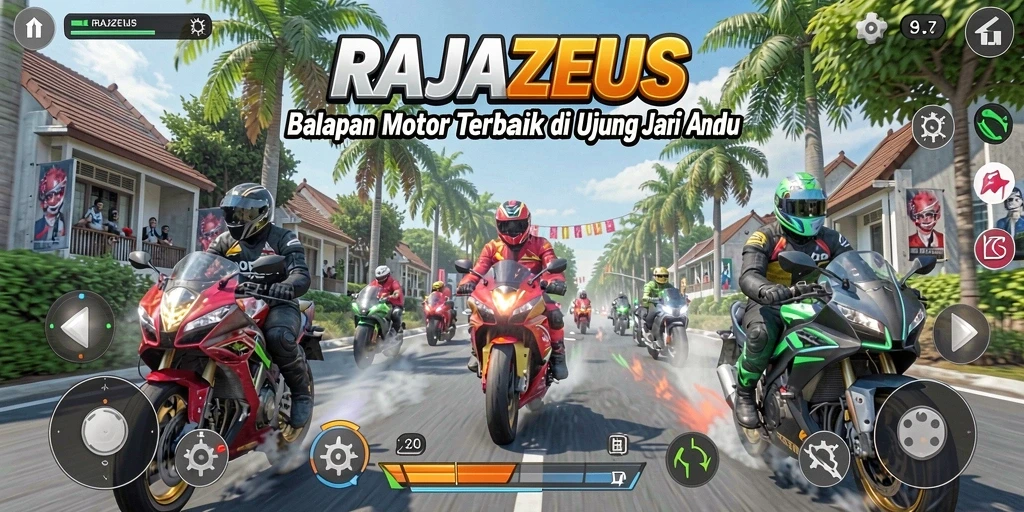 Tampilan seru gameplay RAJAZEUS dengan balapan motor cepat.