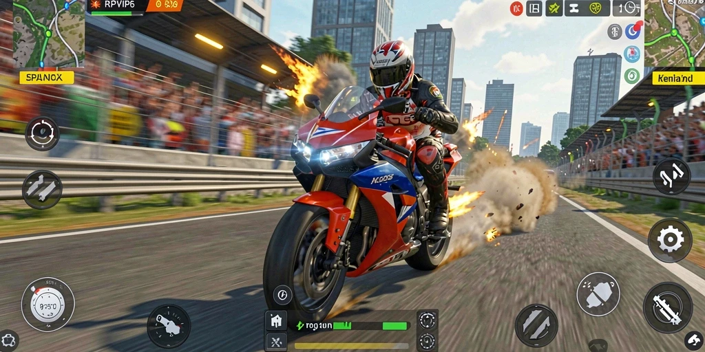 Screenshot RPVIP6 menampilkan aksi balapan sepeda motor yang mendebarkan.